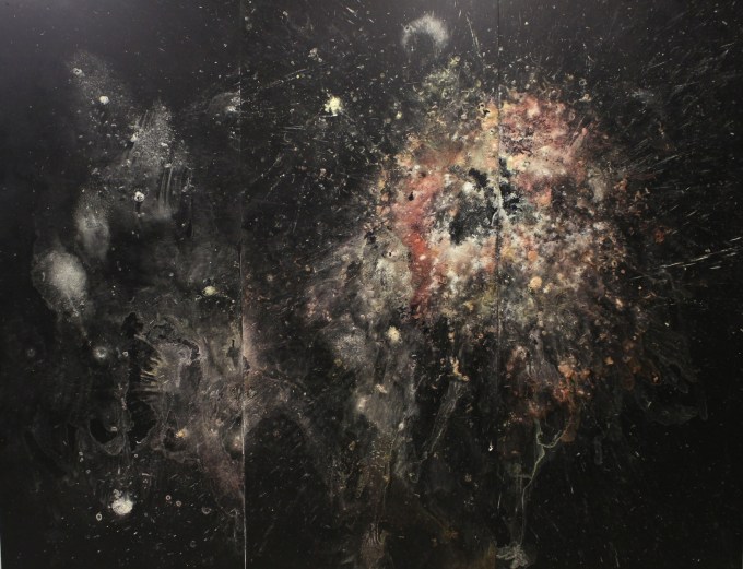 fragment collect fragments of bulb on black wooden board, 2014